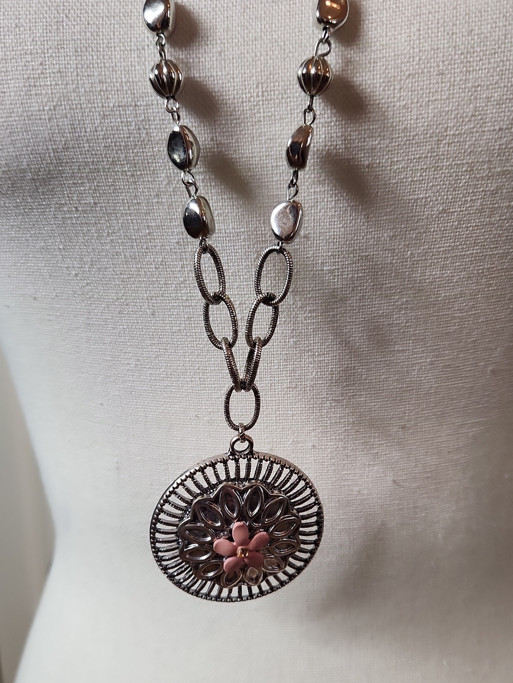 Ruby Rd. Silver-Tone Filigree Necklace with Pink Flower Accent